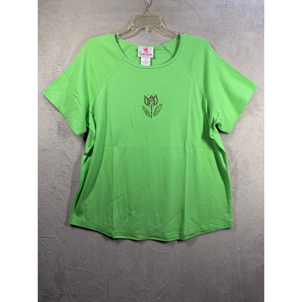 Quacker Factory Sequin Tulip Top Womens 1X Green Short Sleeve Cotton NWT ART